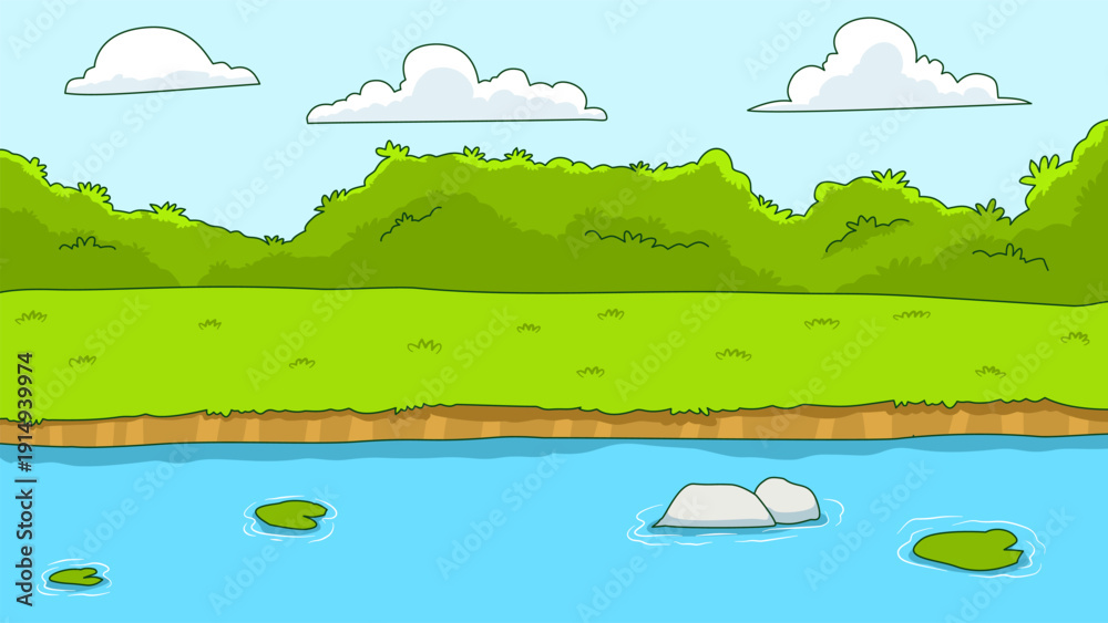 Fototapeta premium View of river and wild grass on blue sky ,nature background.