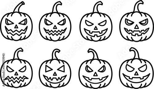 a collection of eight outlined jack o lanterns with varying expressions suitable for halloween themed designs and creative projects high quality