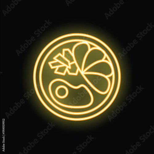 Bright yellow neon sign showing a cooked steak on a plate with garnish