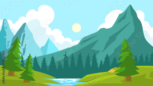 European mountain landscape with river and green hills, natural background
