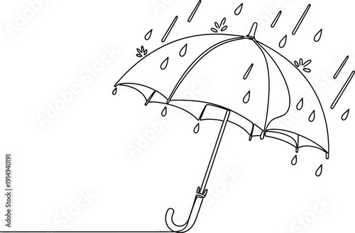 Simple continuous line drawing depicts an open umbrella providing protection from falling rain drops during a classic downpour illustration