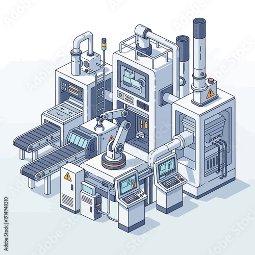Automated factory conveyor belt with robotic arm, isometric view, illustration