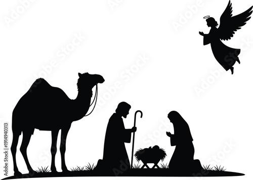 Desert scene featuring a camel and shepherd depicted as a silhouette