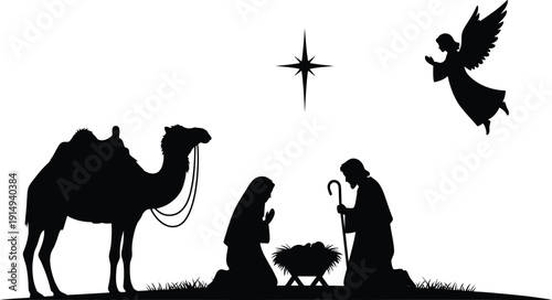 Desert scene featuring a camel and rider in stark silhouette