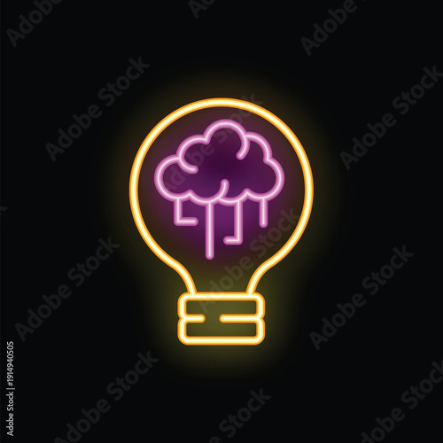 Neon icon of a lightbulb containing a cloud raining down ideas, symbolizing brainstorming and creativity