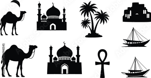 Desert scene with camels mosques and a crescent moon a silhouette