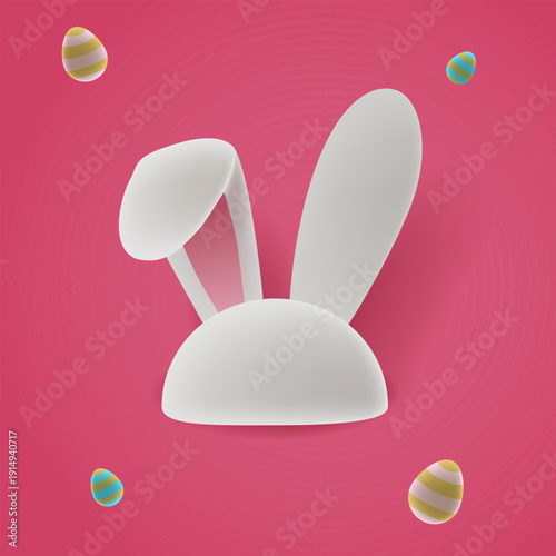 Minimal 3D Easter Bunny Ears with Colorful Eggs on Pink Background