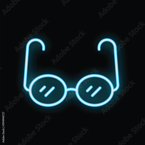 Blue neon sign of glasses is glowing on a black background