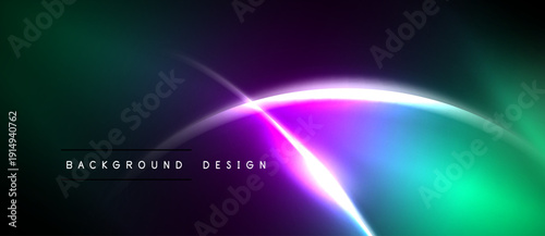 Abstract neon lights blend, creating vibrant curves. Dark background emphasizes glowing colors, modern design element.