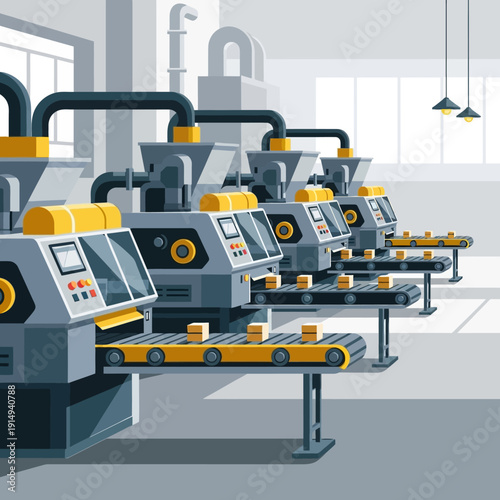 Automated Production Line with Conveyor Belts and Machines in Factory