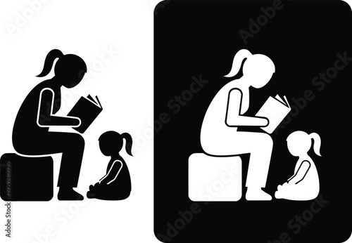 A simple illustration depicts a mother reading to her child presented in both solid black and grayscale variations symbolizing storytelling