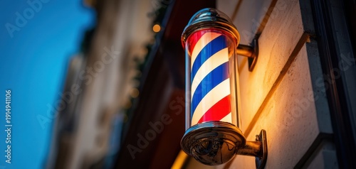 The barber pole glowing outside a vintage barbershop on a bustling city street