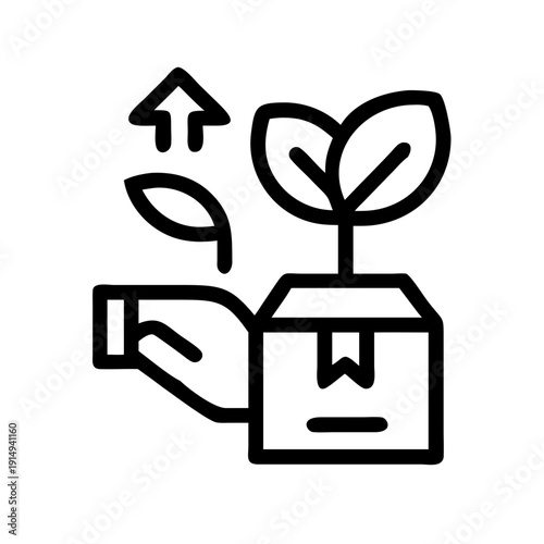 Hands planting a seedling into a box with upward growth symbolizing sustainability and delivery