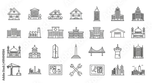 Collection of monochrome line art illustrations depicting various buildings and landmarks