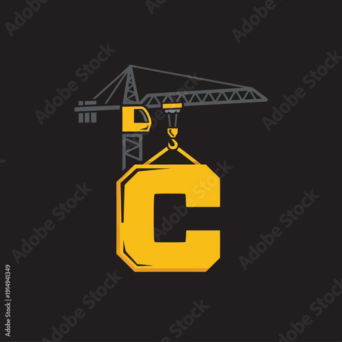 Crane lifting large yellow letter C against black background.