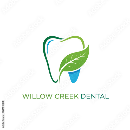 Dental clinic logo with tooth and leaf design.