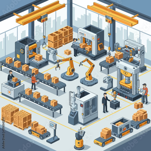 Modern Factory Automation: Assembly Line, Robots, and Production Process