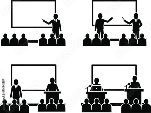 A series of black silhouette icons depicting business presentations lectures and meetings with audiences and presenters high quality professional detailed modern