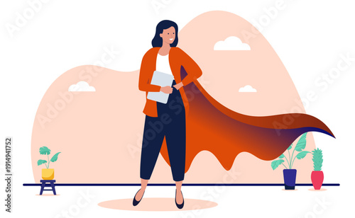 Confident businesswoman in professional attire wearing a superhero cape representing leadership empowerment and success in the corporate workplace, flat design vector illustration