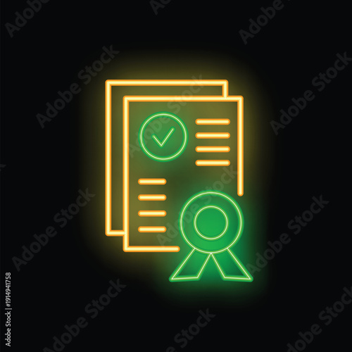Glowing neon icon illustrating a successful agreement with documents, a checkmark, and a quality seal