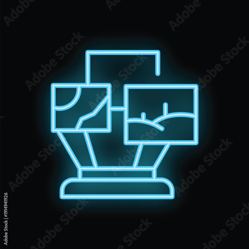 Blue neon icon of a machine learning system analyzing images for patterns, isolated on a black background