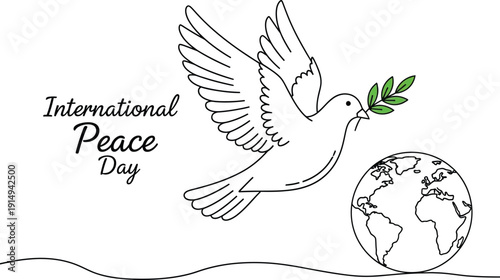A simple line drawing depicts a white dove carrying an olive branch alongside the earth and international peace day text