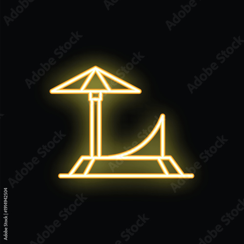 Minimal illustration of a beach umbrella and deck chair glowing in neon yellow on a black background