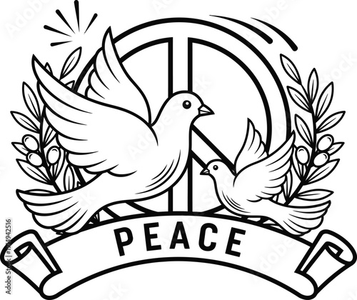 A striking black and white illustration showcases a dove carrying an olive branch within a peace sign symbolizing hope and tranquility