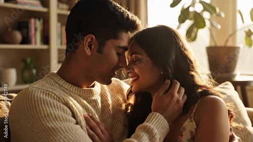 Loving Couple Relaxing at Home Together on Sofa