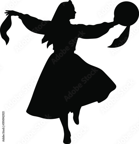 Dancer silhouette performs traditional folk movement holding round object.