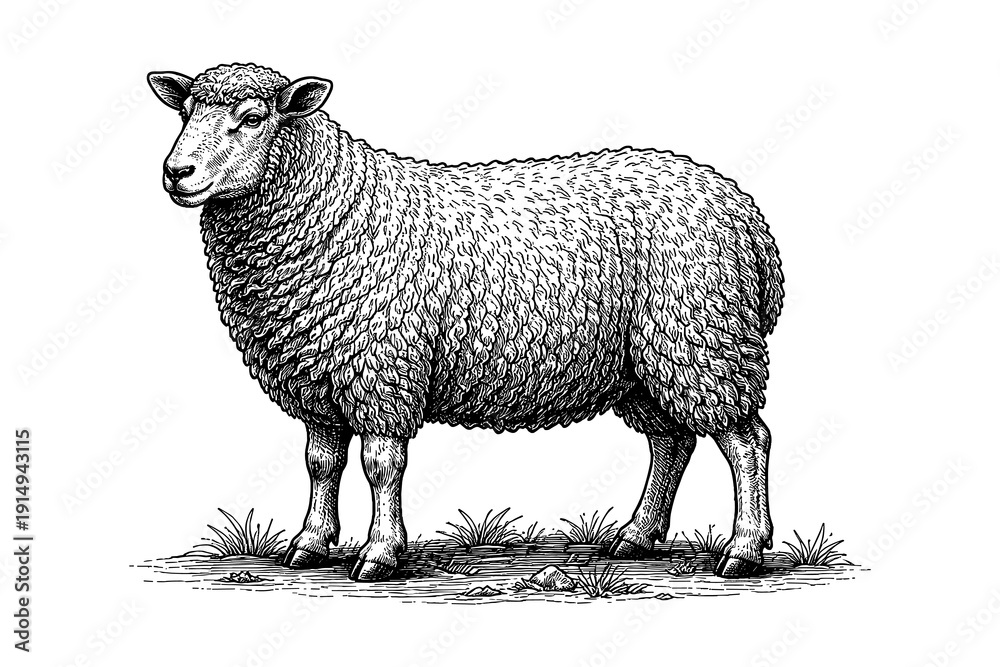 Fototapeta premium Detailed sheep drawing in vintage style with stipple shading