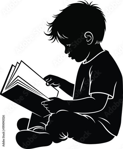 a silhouette of a young boy deeply engrossed in reading an open book showcasing imagination and learning high quality professional detailed