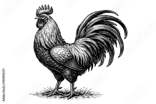 Intricate black and white rooster art with vintage etching style