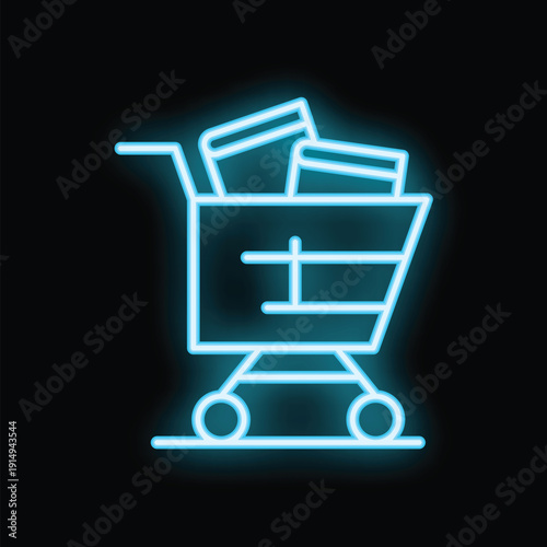 Vibrant neon blue shopping cart icon, filled with goods, shining brightly against a black background, representing the concept of online shopping