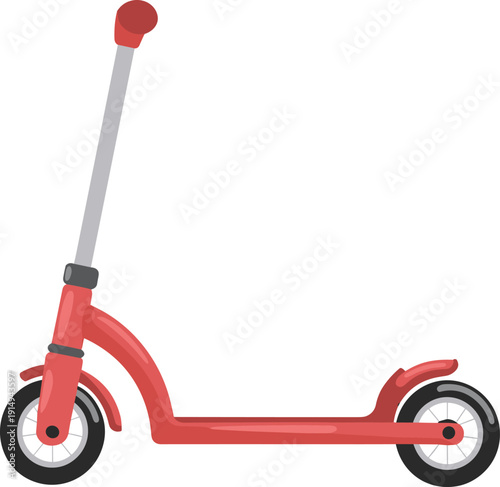 Red kick scooter, personal transportation, children’s toy, recreational vehicle, urban mobility, two wheels, upright handlebar, vector illustration, flat design, CAD drawing, glossy finish
