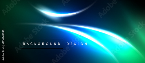 Abstract background features flowing light streaks. Blue, green hues create dynamic visual effect. Modern design element.