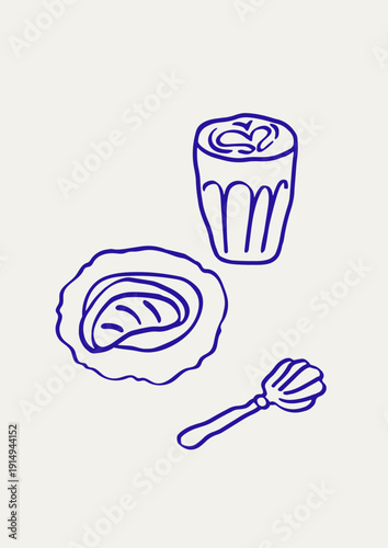 Coffee cup and dessert, outline drawing card. Capuccino glass and sweet snack in whimsical doodle sketch style. Cafe breakfast poster with drawn morning drink, cappuccino. Flat vector illustration