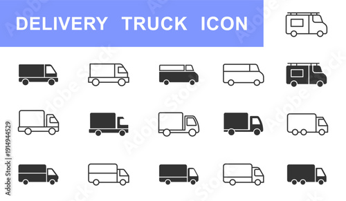 Delivery truck icon set. Contains such icons as Logistics Services, Delivery Incidents, Loading and Unloading. Editable stroke. Cargo van icon. Truck for delivery of lines and signs. Truck