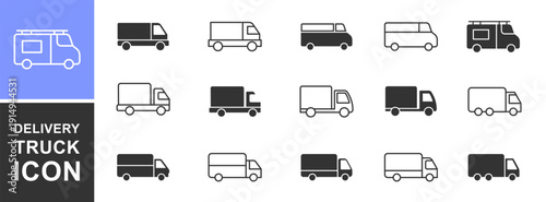 Delivery truck icon set. Contains such icons as Logistics Services, Delivery Incidents, Loading and Unloading. Editable stroke. Cargo van icon. Truck for delivery of lines and signs. Truck