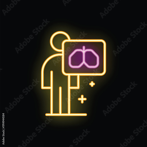 Neon style icon of a patient undergoing lung radiography, representing medical imaging and diagnostics