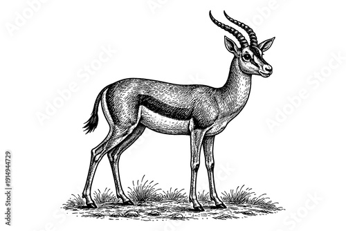 Elegant black and white gazelle artwork with detailed engraving style