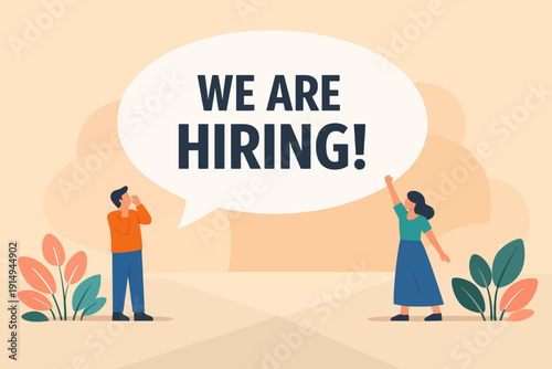 "We Are Hiring!" Recruitment Announcement Banner. Job Opening Flat Illustration for Staffing, HR Marketing, and Employment Advertisement.