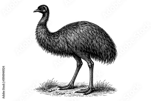 Detailed black and white emu sketch featuring feathers and textured ground
