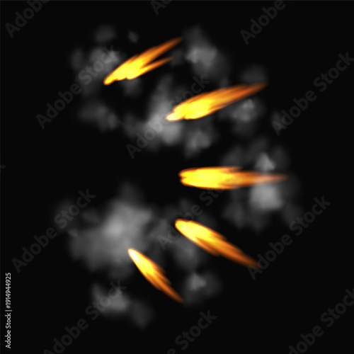 Gun flashe or gunshot animation. Fire explosion effect during the shot with the gun. Cartoon flash effect of bullet start. Shotgun fire, muzzle flash and explode