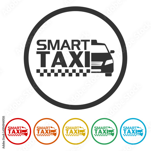  Smart taxi car icon. Set icons in color circle buttons