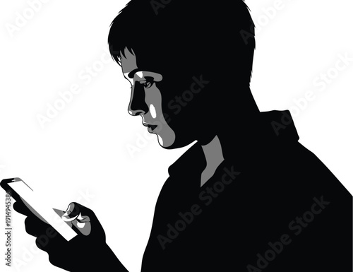 Young person intensely focuses on digital screen while texting or browsing.