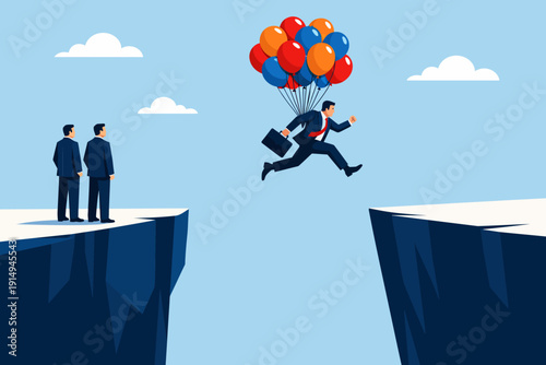 Competitive Advantage: Businessman taking a leap of faith across a chasm using colorful balloons, symbolizing risk, innovation, and overcoming business challenges.