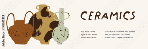 Ceramics and pottery, long horizontal banner design. Ceramic vases, earthenware, wide web background template with handcrafted stoneware, clay crockery in modern doodle style. Flat vector illustration