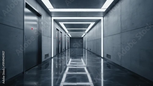Modern Elevator Hallway with Reflective Floor