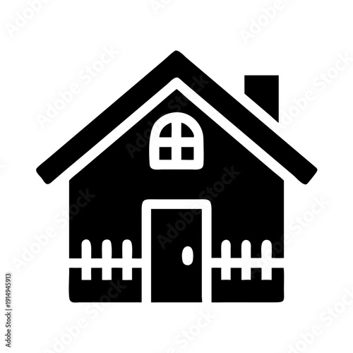 Simple black and white illustration of a quaint house with a picket fence.